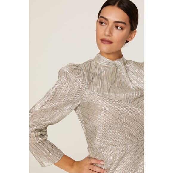 Saylor Saydee Silver Metallic Plisse Jacquard Mock Neck Party Mini Dress Size XS - Picture 5 of 16